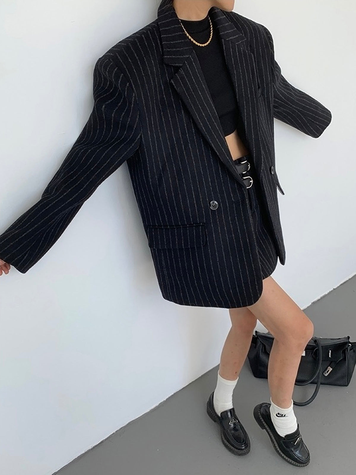 Kareli Çizgili Oversized Blazer