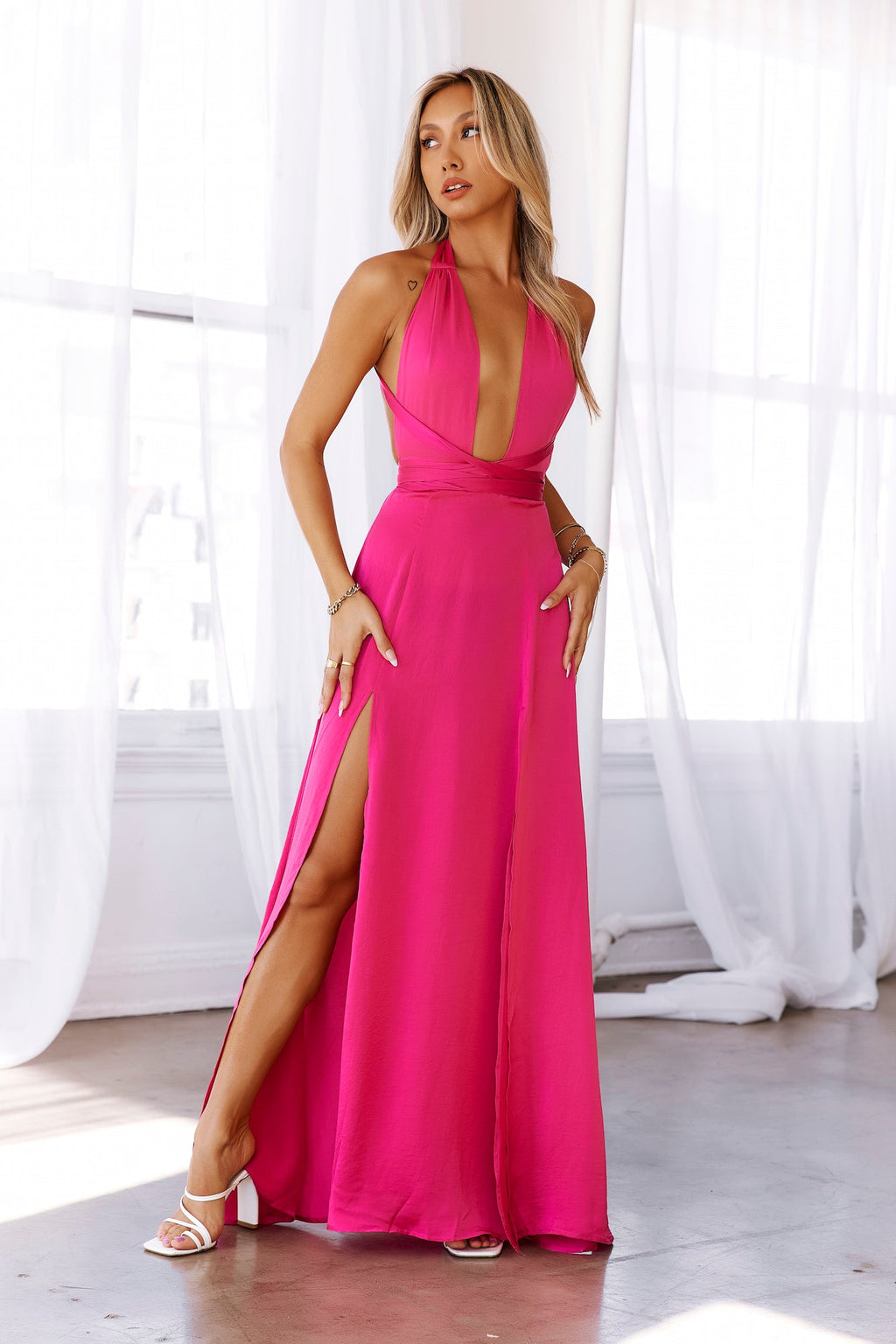 Cerise Saten Maksi Elbise — Barzello