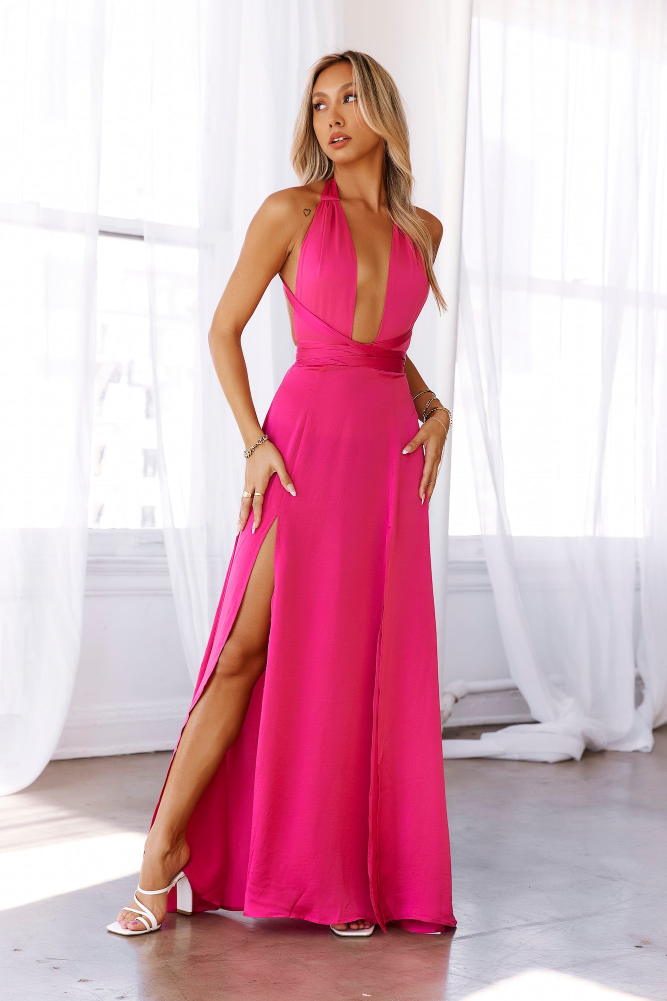 Cerise Saten Maksi Elbise — Barzello